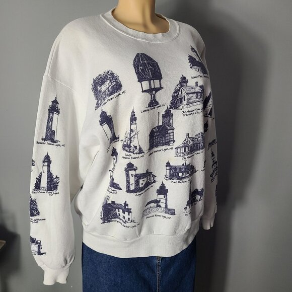 Lighthouse Vintage Sweatshirt Michigan 90s Oversized Size XL Fisherman Comfy - Picture 10 of 11